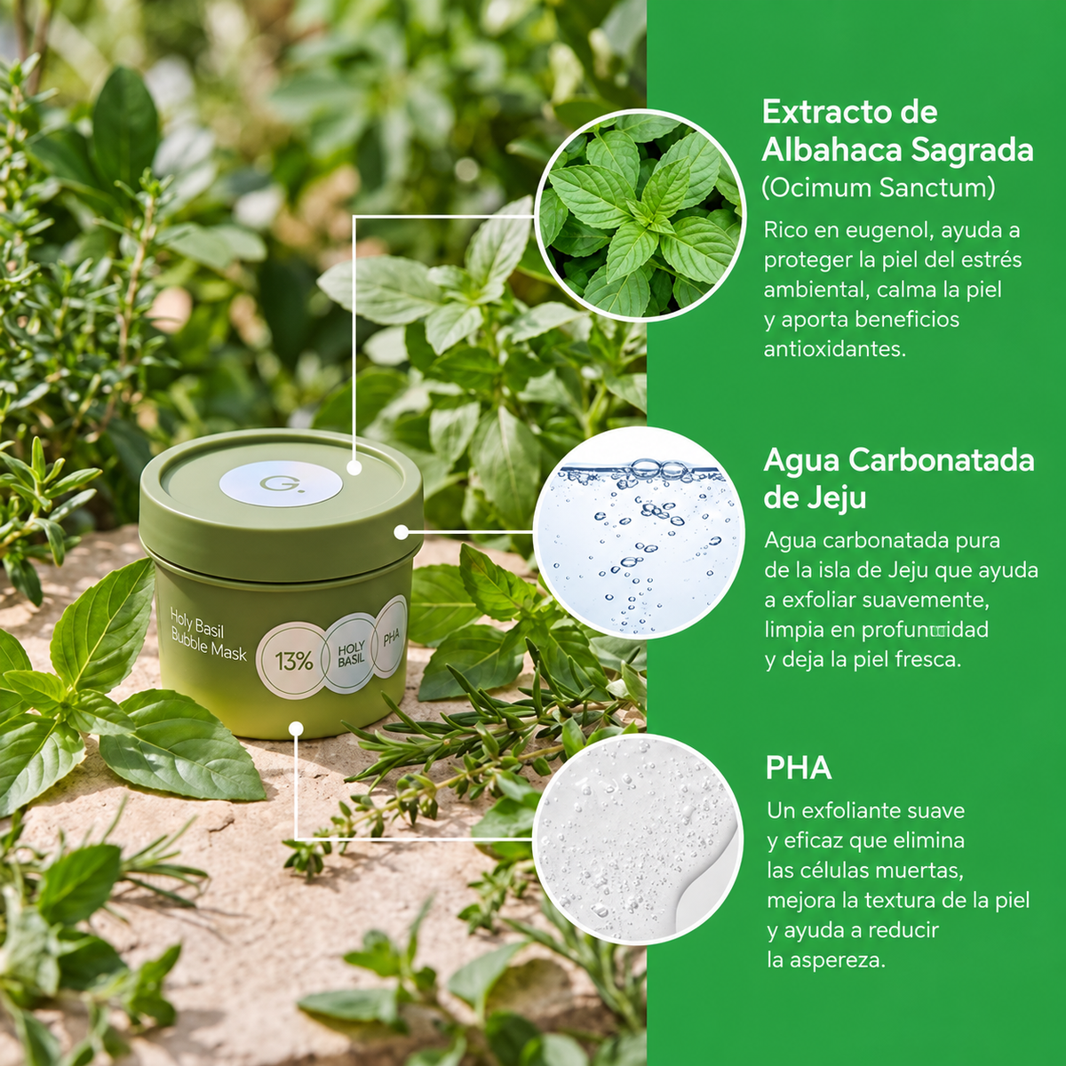 AUVEN™ Mascarilla Facial Burbujeante de Albahaca Sagrada + PHA